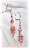 Pink cat's eye cubes, silver and crystal handmade lever back earrings.