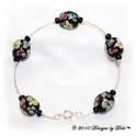 Designs by Debi Handmade Jewelry Silver Bangle Bracelet with Black Multi Aloha Florals Beads and a Spring Ring Clasp