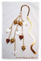 Designs by Debi Handmade Jewelry Brown and Etched Glass Hearts Gold Squiggle Shepherd's Hook Bookmark