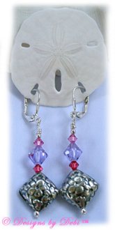 Designs by Debi Handmade Jewelry Sterling Silver Leverback Earrings with Bali Floral Diamond Pillows and Swarovski Crystal Bicones in Rose, Violet and Padparadscha