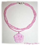 Designs by Debi Handmade Jewelry Pink Multi-Strand Necklace with Shell Hibiscus Flower Pendant and Sterling Silver Double Hearts Hook Clasp