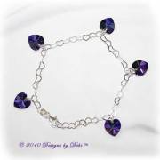 Handmade Jewelry Sterling Silver Heart Link Chain and Swarovski Crystal Heliotrope Hearts Charm Bracelet with Lobster Clasp