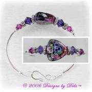 Handmade Jewelry Pansy Shield Triangle Artisan Handmade Lampowork Focal Bead and Swarovski Crystal Fuchsia and Purple Velvet Bicones Silver Fitted Bangle Bracelet with Hook Clasp ~ OOAK