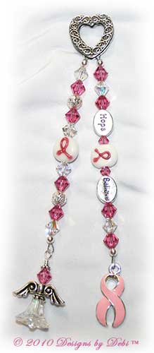 Guardian Angel Prayer Chain™ with ornate textured Bali fine silver heart, Swarovski rose pink and crystal ab (aurora borealis) bicone crystals, round silver filigree beads, glass pink breast cancer awareness ribbon beads, silver oval Hope bead, silver oval Believe bead, pink awareness ribbon charm and beaded angel.