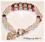 Designs by Debi Handmade Jewelry Memorial Keepsake Bracelet in the Isabella Style and Pearls bead combination with Amethyst (February) and Rose (October) crystals, a heart toggle and filigree hearts in heart charm.