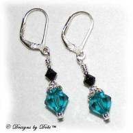 Designs by Debi Handmade Jewelry Jet Black and Blue Zircon Swarovski Bicone Crystals and Sterling Silver Leverback Earrings