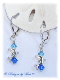Designs by Debi Handmade Jewelry Sterling Silver Dolphins and Swarovski Sapphire Blue and Aquamarine Bicones Leverback Earrings