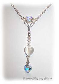 Designs by Debi Handmade Jewelry Swarovski Crystal AB, White Cat's Eye Hearts and Sterling Silver Textured Chain Necklace with a Sterling Silver Hook Classp and Front & Back Drops