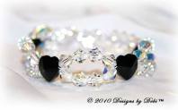 Designs by Debi Handmade Jewelry Swarovski Crystal Jet Black Hearts and Crystal AB Bicones Bracelet with a Sterling Silver Filigree Double Heart Hook 'n Eye Clasp