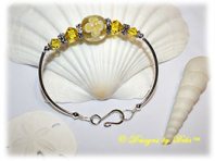 Designs by Debi Handmade Jewelry Yellow Aloha Floral and Swarovski Crystal Citrine Bicones Sterling Silver Plated Curved Tube Fitted Bangle Bracelet with Hook Clasp