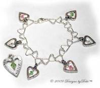Designs by Debi Handmade Jewelry Silver Hearts and Pink, Crystal and Peridot Swarovski Crystal Heart Link Chain Charm Bracelet with Lobster Clasp