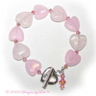 Pink Glass Hearts and Swarovski Crystal Light Rose AB2x Bicones Bracelet with a Silver Heart Toggle Clasp
