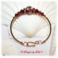 Designs by Debi Handmade Jewelry Red, Blue and Yellow Aloha Floral and Swarovski Crystal Siam Red Bicones Gold Plated Curved Tube Fitted Bangle Bracelet with Hook Clasp