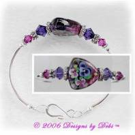 Designs by Debi Handmade Jewelry Pansy Shield Triangle Artisan Handmade Lampowork Focal Bead and Swarovski Crystal Fuchsia and Purple Velvet Bicones Silver Fitted Bangle Bracelet with Hook Clasp ~ OOAK