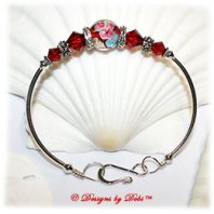 Designs by Debi Handmade Jewelry Red, Blue and Yellow Aloha Floral and Swarovski Crystal Siam Red Bicones Sterling Silver Plated Curved Tube Fitted Bangle Bracelet with Hook Clasp