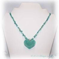 Designs by Debi Handmade Jewelry Mint Green Glass Heart and Glass Chips Necklace with Silver Hook Clasp