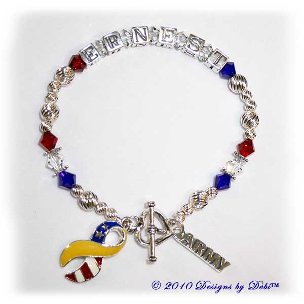 sample photo of the Support Your Soldier Bracelet style #2; with sterling silver letter blocks, Swarovski; crystals, army charm and yellow and flag ribbon charm