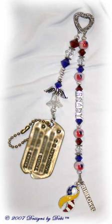 Guardian Angel Prayer Chain™ with ornate textured Bali fine silver heart, Swarovski siam red, clear crystal and cobalt blue bicone crystals, star spacer beads, fiber-optic flag beads, round silver beads, Ray in sterling silver block letters, combo ribbon charm half yellow and half flag, Air Force charm, beaded angel and dog tag.