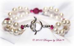 Designs by Debi Handmade Jewelry Swarovski White Pearl and Fuchsia Crystal Bicones Double Strand Bracelet with Sterling Silver Toggle Clasp