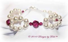 Designs by Debi Handmade Jewelry Swarovski White Pearl and Fuchsia Crystal Bicones Double Strand Bracelet with Sterling Silver Toggle Clasp