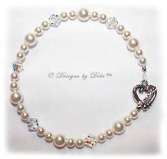 Designs by Debi Handmade Jewelry White Pearl & Swarovski Crystal AB Bicones Bracelet with Sterling Silver Heart Toggle Clasp