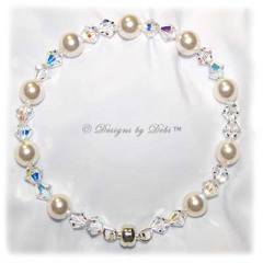 Designs by Debi Handmade Jewelry White Pearl and Swarovski Crystal AB Bicones Bangle Bracelet with Magnetic Clasp