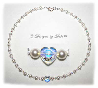 Designs by Debi Handmade Jewelry Swarovski White Pearls, Crystal AB Heart and Crytal AB Bicones Necklace with Sterling Silver Heart Lobster Clasp for Wedding Bride