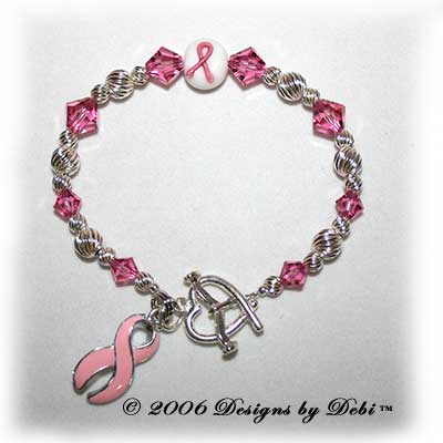 Designs by Debi Handmade Jewelry sterling silver and pink Swarovski crystal awareness bracelet with pink ribbon charm for breast cancer, cleft palate, cleft lip