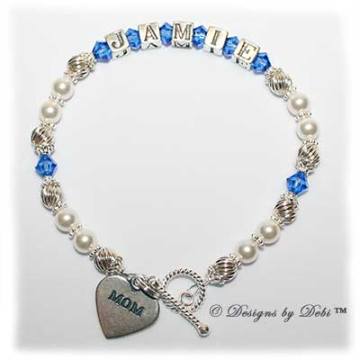 Designs by Debi Handmade Jewelry Samantha Style Bracelet in the Twist and Pearls bead combination with Sapphire (September) crystals, a bright twisted rope toggle clasp and Mom heart charm.