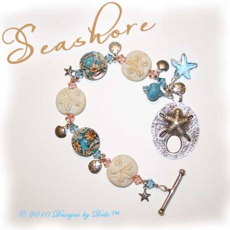 Designs by Debi Jewelry for Charity Piece for July 2010 to raise money for The Deepwater Horizon Memorial Fund. A one-of-a-kind artisan handmade bracelet with blue and beige lentil-shaped ocean within handmade glass beads, handmade glass sand dollar beads, swarovski crystal aquamarine and light peach bicones, sterling silver round beads, sterling silver sand dollar charms, sterling silver shell charms, sterling silver starfish charms, a swarovski crystal aquamarine starfish and a shiana thai sterling silver sand dollar toggle clasp. OOAK