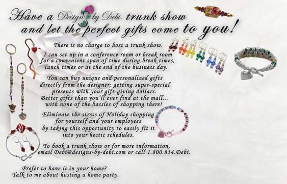 photos of jewelry and other gift items along with information for businesses to host a Designs by Debi trunk show for holiday shopping.