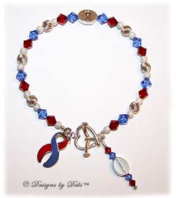 Designs by Debi Handmade Jewelry In Memory Awareness Bracelet Style #1 in Red and Blue for Pulmonary Fibrisis