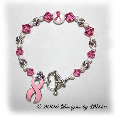 Designs by Debi Handmade Jewelry sterling silver and pink Swarovski crystal awareness bracelet with pink ribbon charm for breast cancer, cleft palate, cleft lip