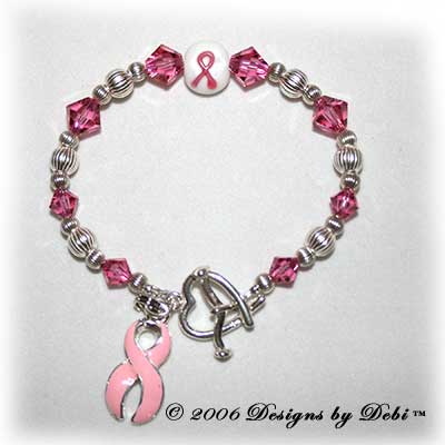 Designs by Debi Handmade Jewelry sterling silver and pink Swarovski crystal awareness bracelet with pink ribbon charm for breast cancer, cleft palate, cleft lip