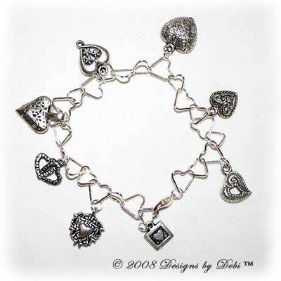 Designs by Debi Handmade Jewelry "Hearts, Hearts and more Hearts" Silver Heart Link Chain and Assorted Heart Charms Bracelet with Lobster Clasp