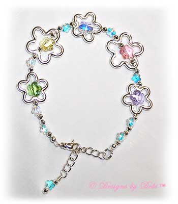 Designs by Debi Handmade Jewelry Silver Flowers and Pastel Swarovski Crystal Flowers Bracelet with Swivel Lobster Clasp and Extender Chain