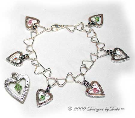 Designs by Debi Handmade Jewelry Silver Hearts and Pink, Crystal and Peridot Swarovski Crystal Heart Link Chain Charm Bracelet with Lobster Clasp