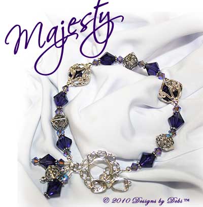 Designs by Debi Handmade Jewelry "Majesty" Bali Silver and Swarovski Crystal Purple Velvet and Tanzanite AB2x Bicones Bracelet with an Ornate Sterling Silver Toggle Clasp