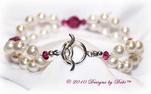 Designs by Debi Handmade Jewelry Swarovski White Pearl and Fuchsia Crystal Bicones Double Strand Bracelet with Sterling Silver Toggle Clasp