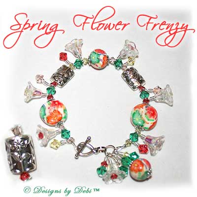 Designs by Debi Handmade Jewelry Spring Flower Frenzy Polymer Clay Florals, Swarovski Crystal Green, Yellow and Orange Bicones, Steling Silver Flower Barrel Beads and Sterling Teardrop Toggle Bracelet with Flower Dangles ~ OOAK