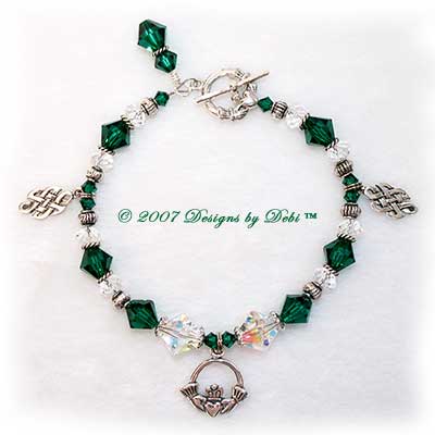 Designs by Debi Handmade Jewelry Sterling Silver and Swarovski Crystal AB and Emerald Bicones Claddagh and Celtic Knot Bracelet with a Claddagh Toggle Clasp