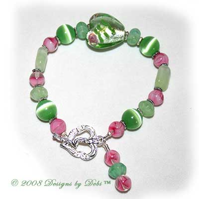 Designs by Debi Handmade Jewelry Lime Green and Pink Hearts and Roses Bracelet with a Sterling Silver Heart Toggle Clasp
