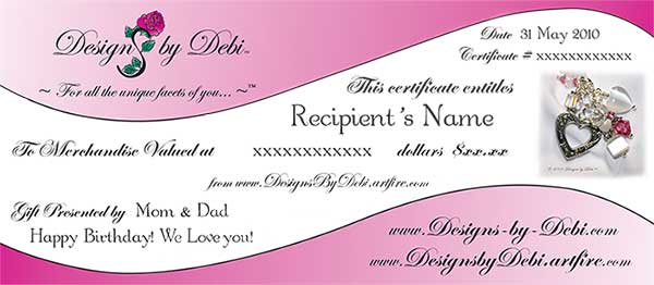 Designs by Debi Handmade Jewelry Gift Certificate Sample