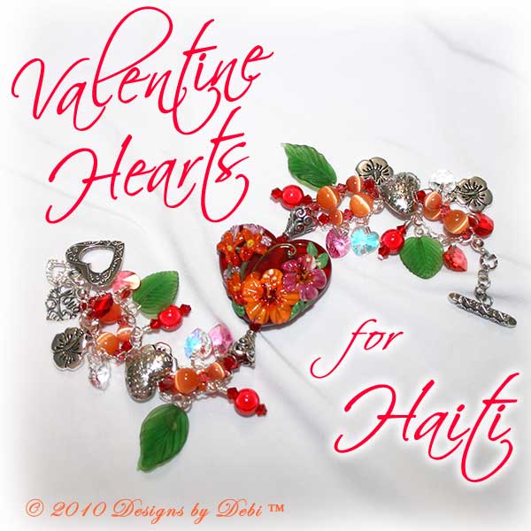 Valentine Hearts for Haiti One-of-a-Kind Handmade Bracelet made with a gorgeous artisan handmade lampwork bead, a red heart-shaped bead with pink and orange hibiscu, red, yellow and lavender flowers and green leaves; Bali fine silver heart-shaped pillow beads with embossed flowers, fancy bead caps with a swirling filigree pattern and heart toggle; Swarovski bicone and heart crystals in crystal, crystal AB, light siam, padparadscha and rose; orange cat's eye beads; sterling silver heart link chain; TierraCast hibiscus charms; red miracle beads and green glass leaves.