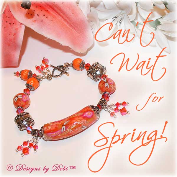 Can't Wait for Spring! Designs by Debi Jewelry for Charity Bracelet March 2011 A fun, one of a kind handmade bracelet of orange, pink and white polymer clay beads with flowers and dragonflies, Bali silver beads, Swarovski crystals and sterling silver. OOAK