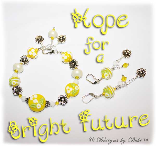 Designs by Debi Handmade Jewelry for Charity Bracelet and Earrings Set Hope for a Bright Future. The one of a kind ooak bracelet features handmade artisan lampwork glass beads, sterling silver flower beads, Swarovski citrine and white alabaster bicones, a sterling silver hook clasp and extender chain with charms. The one of a kind earrings are leverback style with matching beads, crystals and chain.