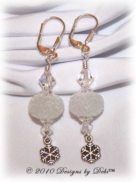 I Love Snow Handmade Sterling Silver Leverback Earrings made with white sugared snowball artisan handmade lampwork beads, sterling silver snowflakes and Swarovski crystal.