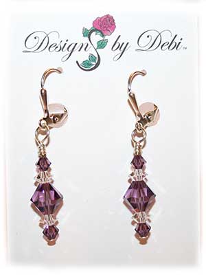 Designs by Debi Handmade Jewelry Signature Collection Earrings Lilac and Crystal Earrings with sterling silver plated leverbacks