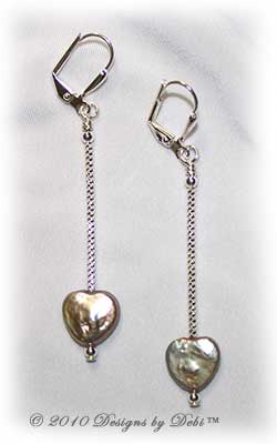 Designs by Debi Handmade Jewelry Long Irridescent Heart-Shaped Pearl Silver Leverback Earrings