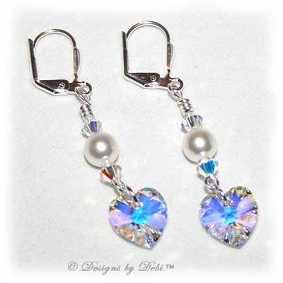 Designs by Debi Handmade Jewelry Swarovski White Pearls, Crystal AB Heart and Crytal AB Bicones Earrings with Sterling Silver Leverbacks for Wedding Bride
